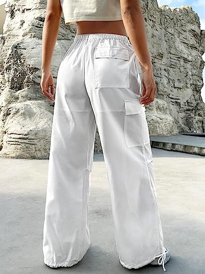 Women's Flap Pocket Drawstring Waist Cargo Pants Casual Plain Trousers