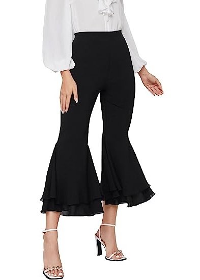 Women's Elastic Waist Layered Ruffle Flare Bell Cropped Pant