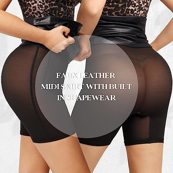 Women's Black Shapewear Faux Leather Skirt with Built-in Shapewear High Waist Tight Slit Midi Skirt