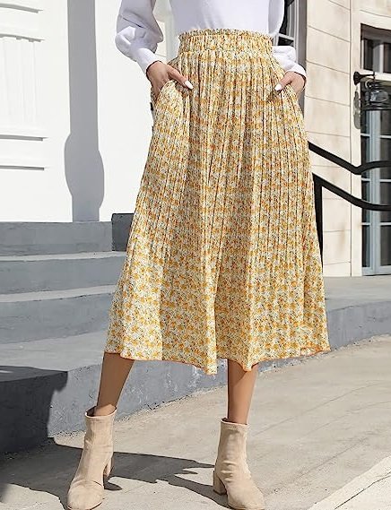 Womens High Waist Polka Dot Pleated Skirt Midi Swing Skirt with Pockets